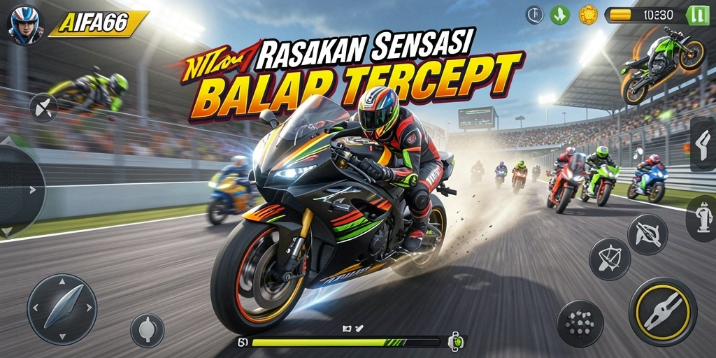 Tampilan gameplay AIFA66 dengan aksi balap motor yang mendebarkan.