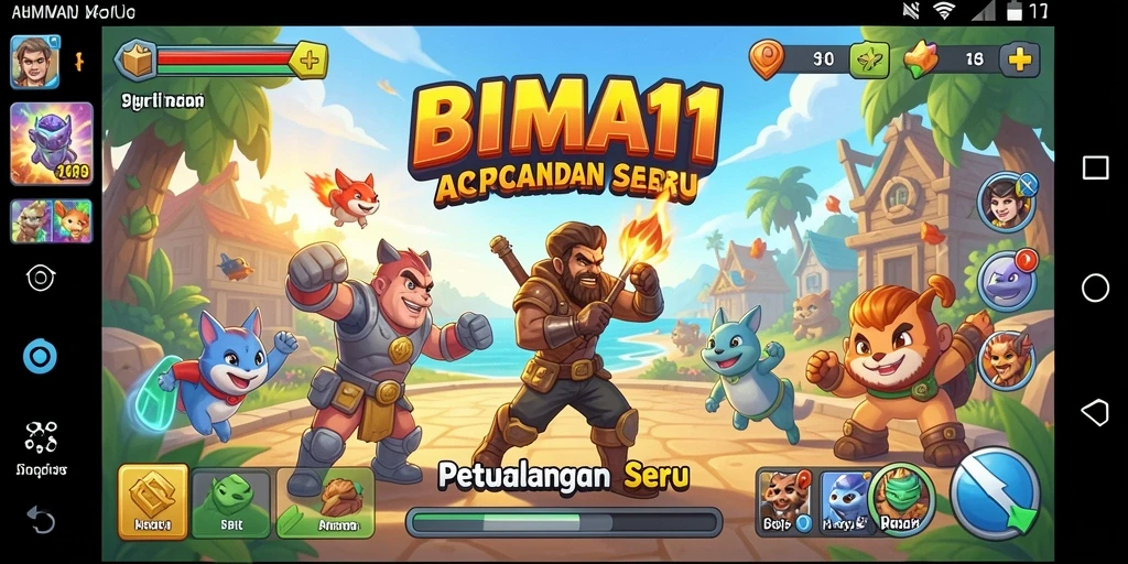 Screenshot BIMA11 menampilkan karakter melompat dengan latar belakang penuh warna.