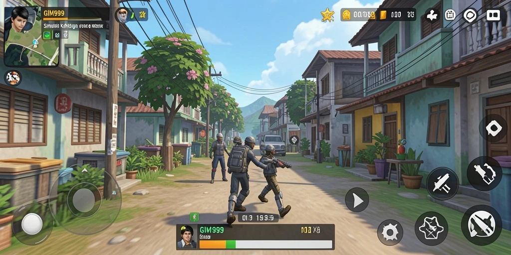 Screenshot gameplay GIM999 menampilkan karakter dalam berbagai aktivitas menarik.