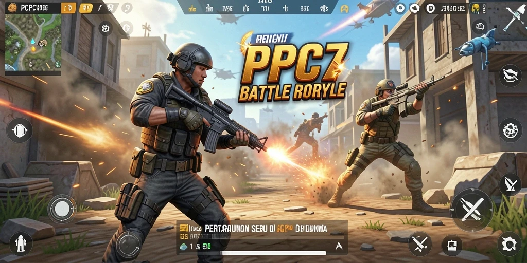 Screenshot utama <strong>PCPC7</strong> menampilkan pertempuran seru dalam Battle Royale.