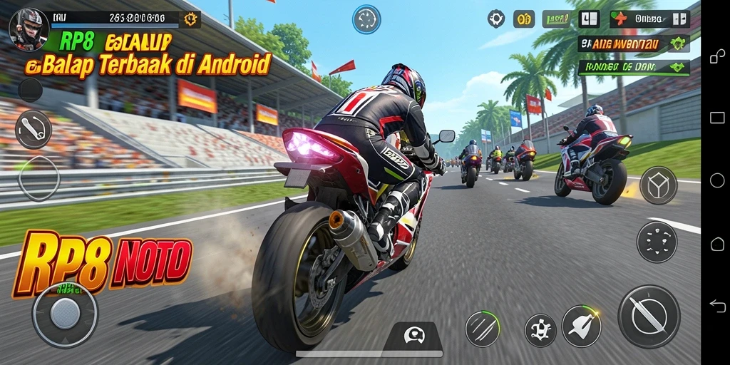 Screenshot gameplay RP8 yang menampilkan aksi balap motor yang seru.